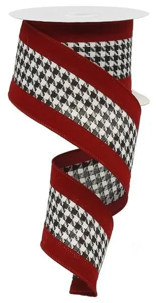 2.5" Houndstooth Ribbon w/ Velvet Crimson Borders - 10yds