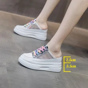 Amozae  8Cm Women Summer Shoes Slippers White Genuine Leather Air Mesh Breathable Platform Wedge Heel Mules Shoes Chunky Footwear