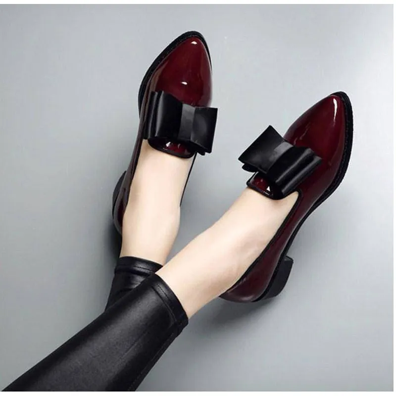 Amozae-Back to school outfit   Women Bow Low Heels Women's Pointed Toe Pumps Patent Leather Platform Woman Slip On Fashion Female Footwear Ladies Shoes