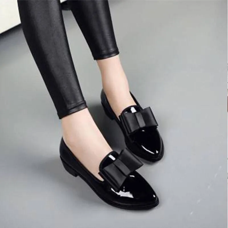 Amozae-Back to school outfit   Women Bow Low Heels Women's Pointed Toe Pumps Patent Leather Platform Woman Slip On Fashion Female Footwear Ladies Shoes