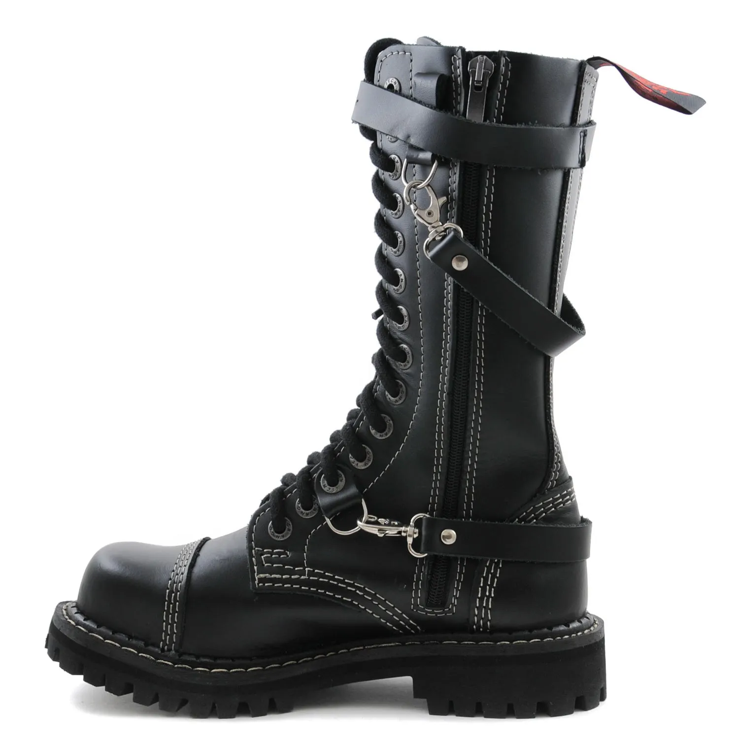 Angry Itch 3 Strap 14 Hole Combat Ranger Boots with Steel Toe Cap Black Leather