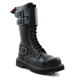 Angry Itch Twin Buckle 14 Hole Combat Ranger Boots with Steel Toe Cap Black Leather