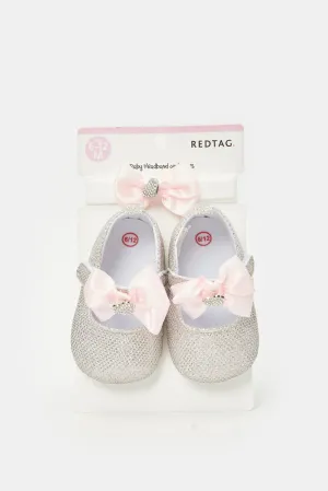 Babies Silver And White Bow Pram Shoe With Headband Set (2 Piece)