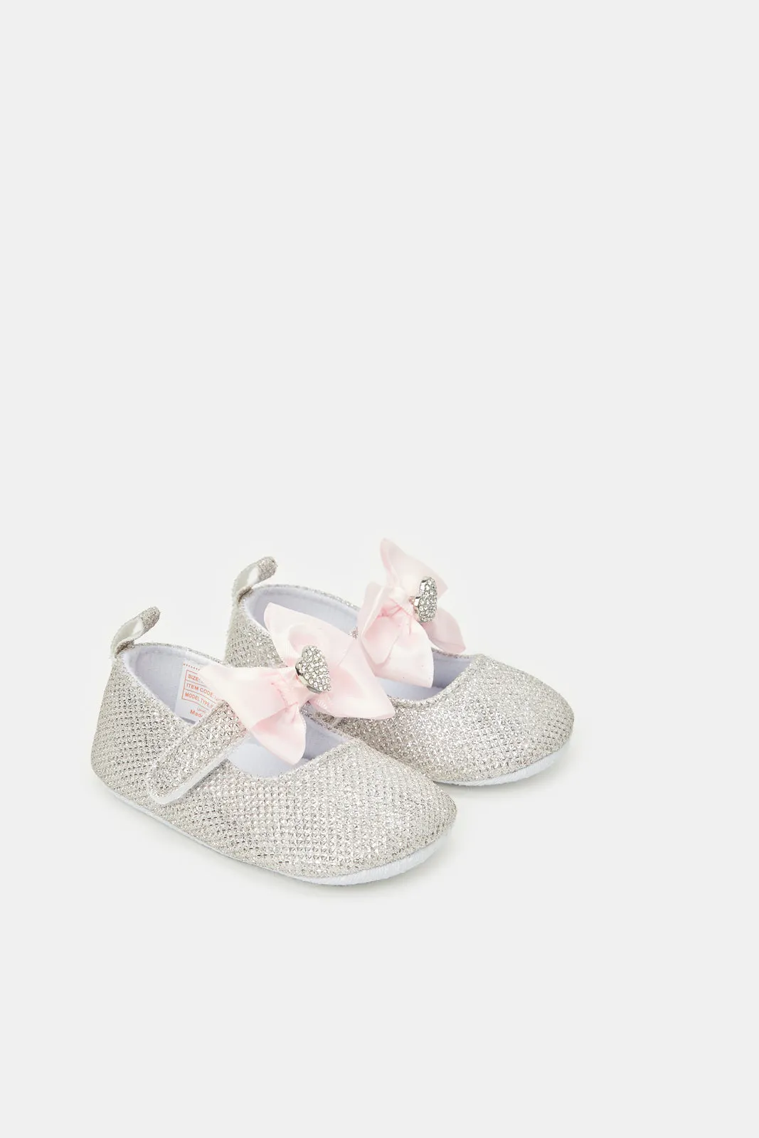 Babies Silver And White Bow Pram Shoe With Headband Set (2 Piece)