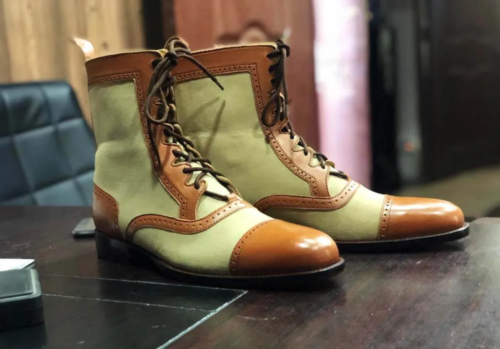 Bespoke Green & Brown Suede Leather Ankle Lace Up Boot