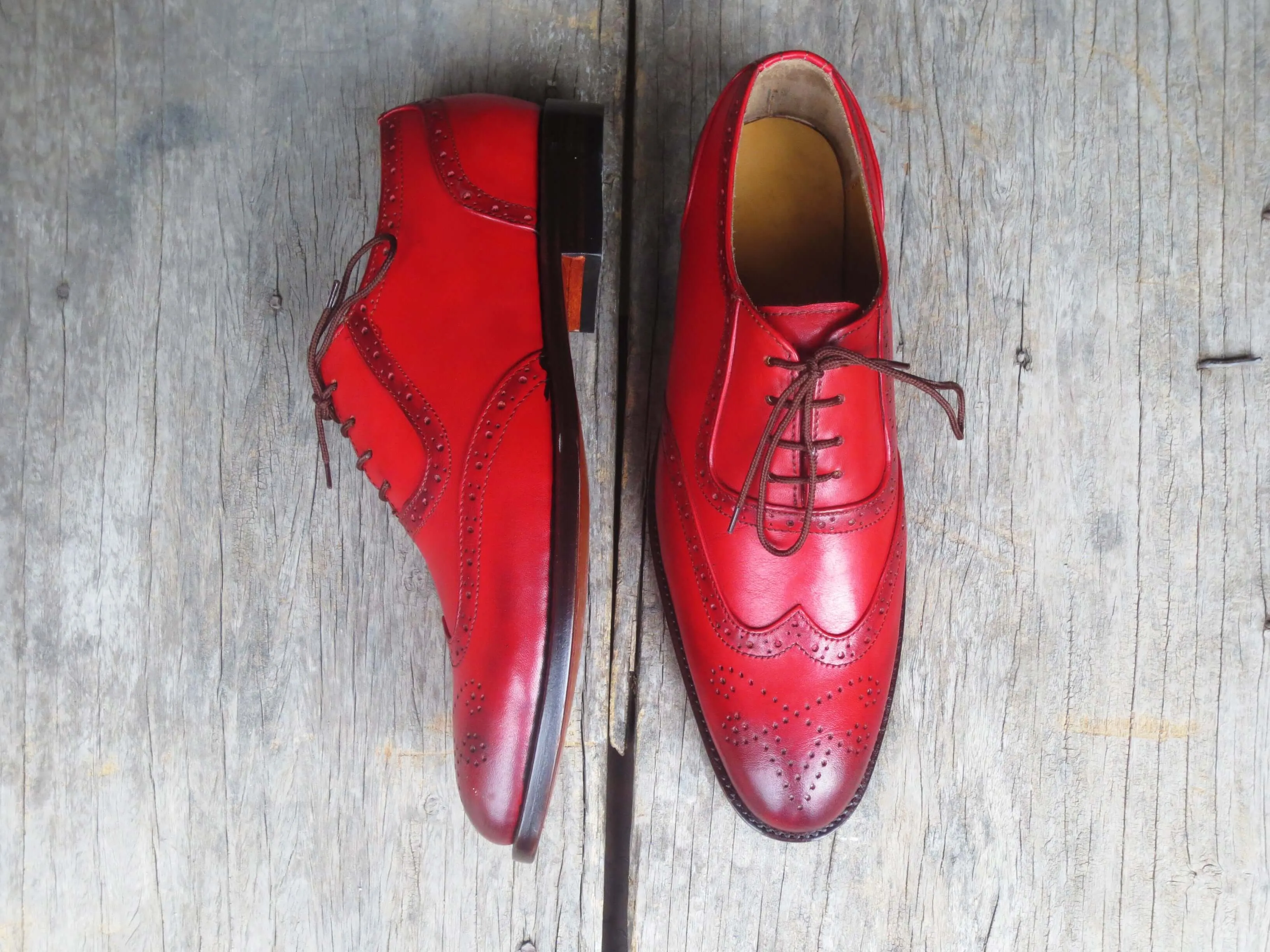 Bespoke Red Leather Wing Tip Lace Up Shoes for Men's