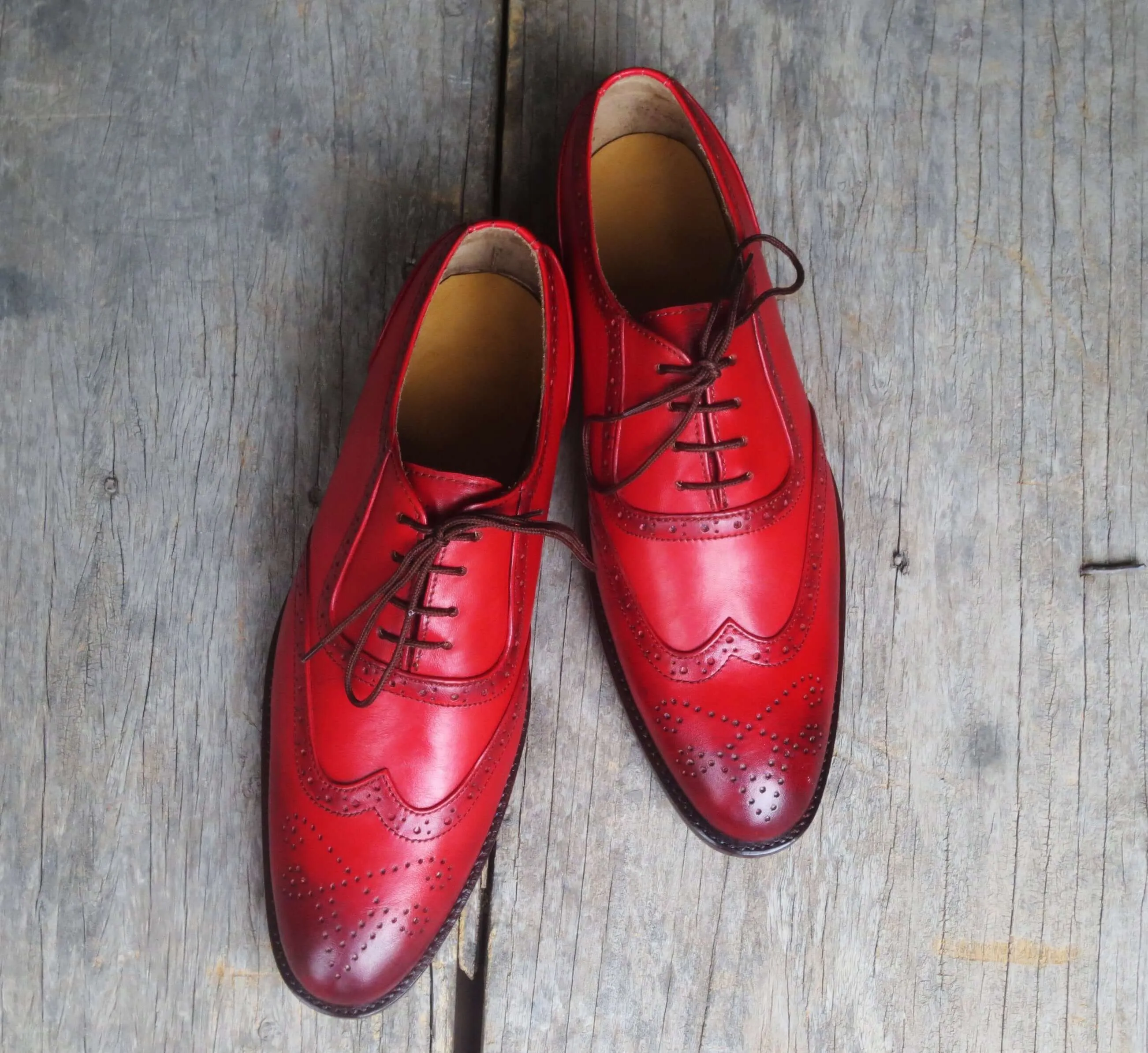 Bespoke Red Leather Wing Tip Lace Up Shoes for Men's