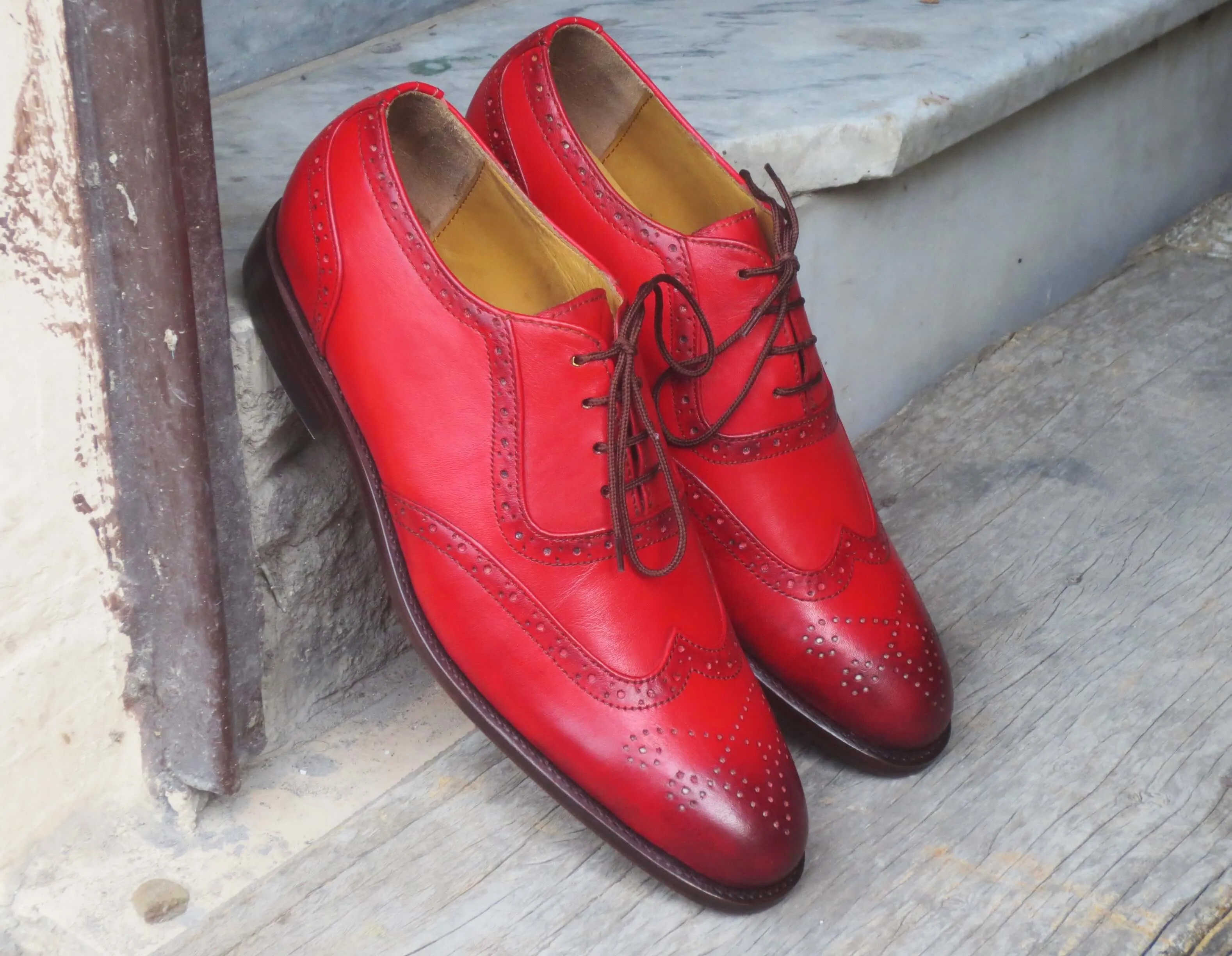 Bespoke Red Leather Wing Tip Lace Up Shoes for Men's