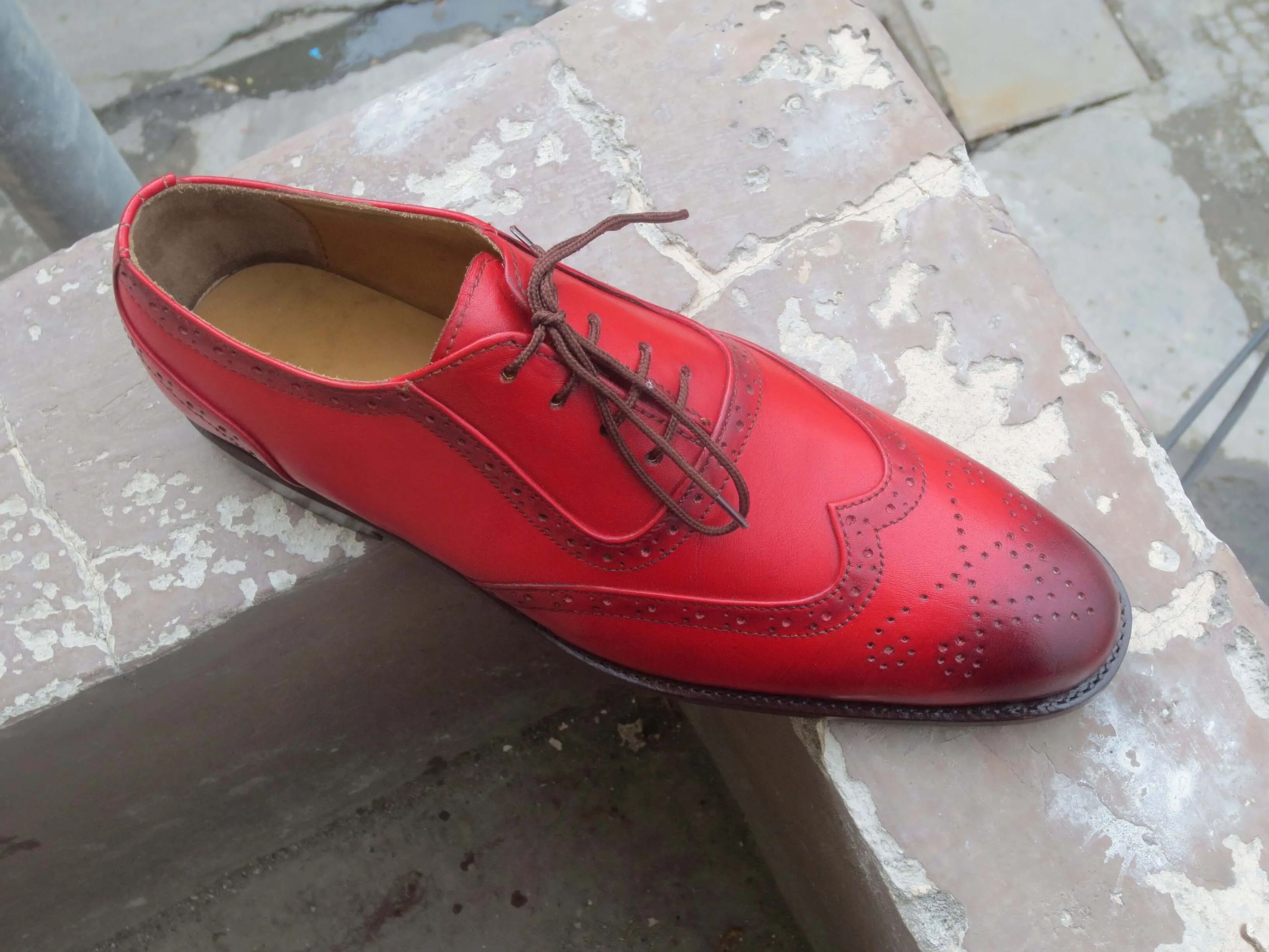 Bespoke Red Leather Wing Tip Lace Up Shoes for Men's