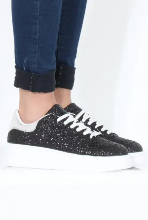 Black Glitter Platform Trainers - Erin