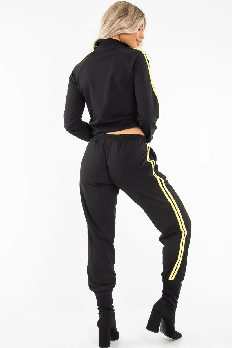 Black Neon Yellow Double Stripe Tracksuit - Laurena