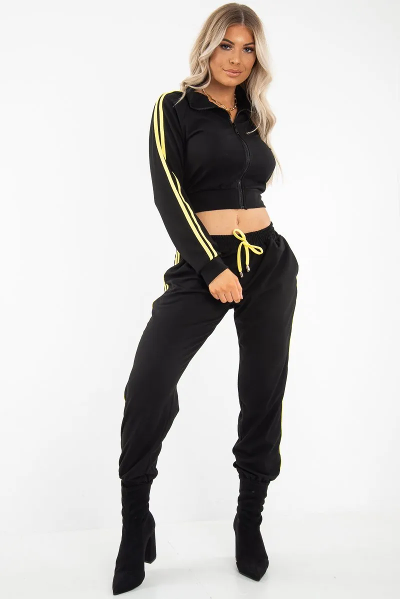 Black Neon Yellow Double Stripe Tracksuit - Laurena