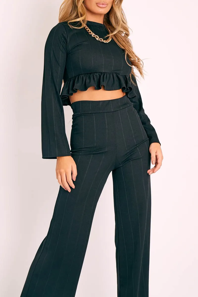 Black Ribbed Frill Hem Top and Wide Leg Trouser Co-ord - Blayke