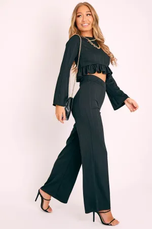 Black Ribbed Frill Hem Top and Wide Leg Trouser Co-ord - Blayke