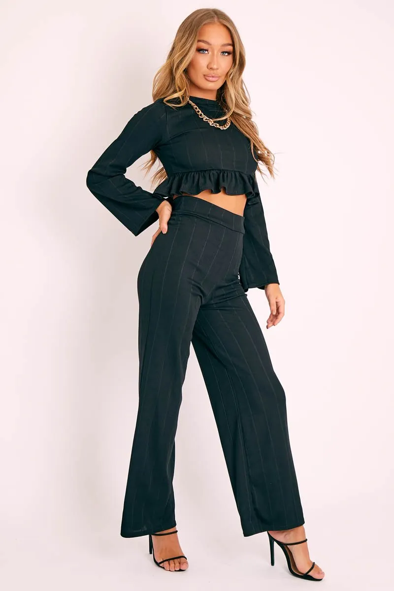 Black Ribbed Frill Hem Top and Wide Leg Trouser Co-ord - Blayke