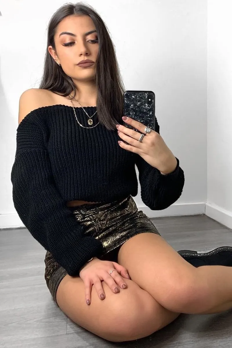 Black Slash Neck Knitted Jumper - Alessia