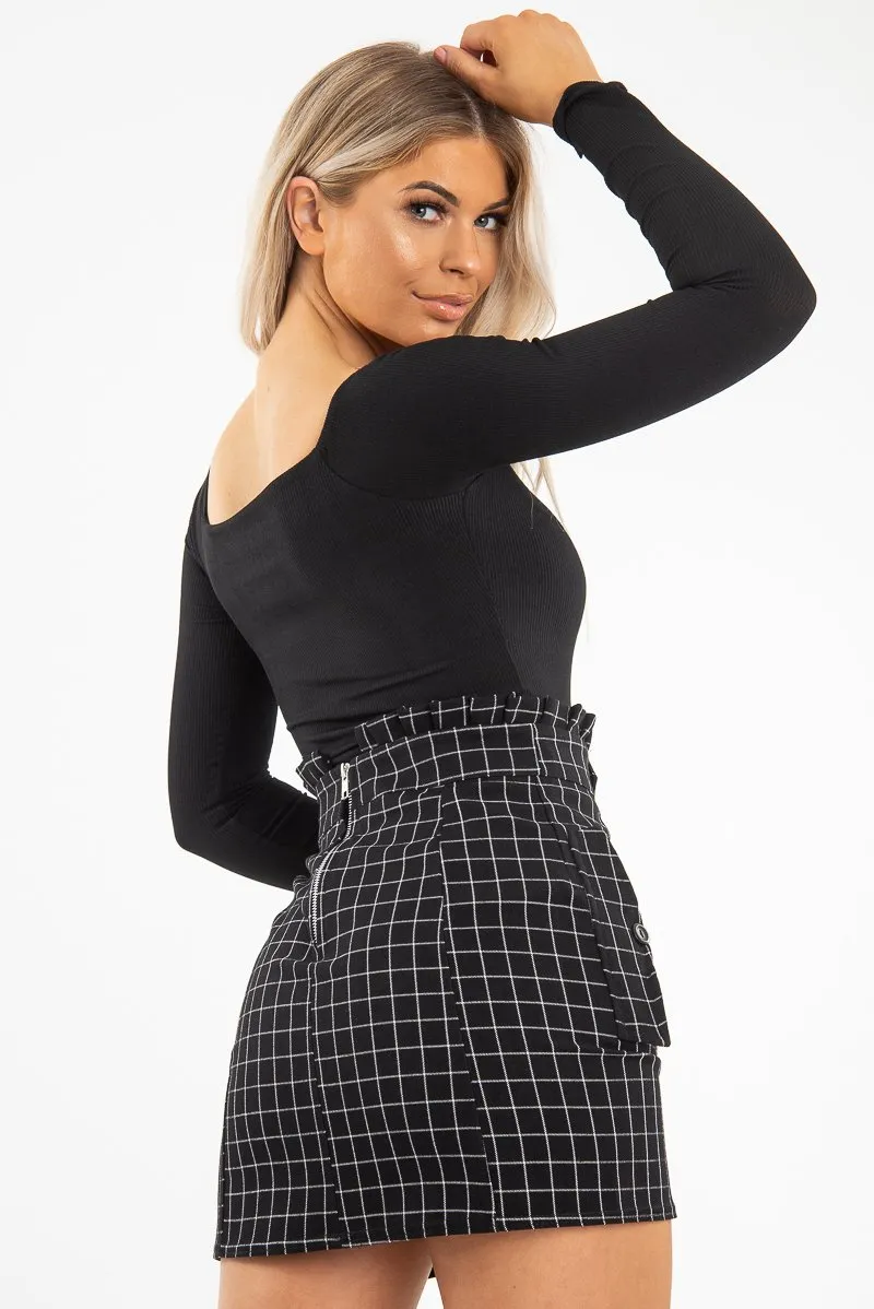 Black White Check Ruffle Waist Zip Front Skirt - Izzie