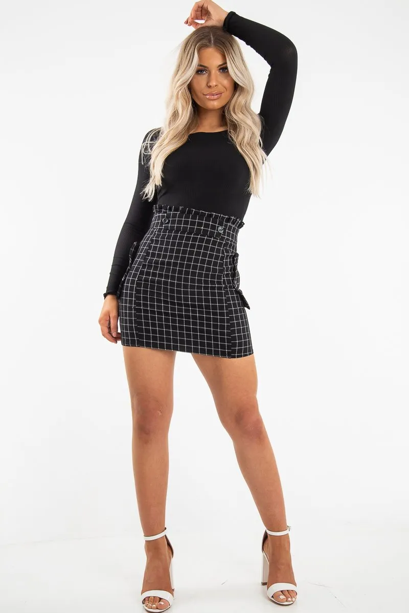 Black White Check Ruffle Waist Zip Front Skirt - Izzie