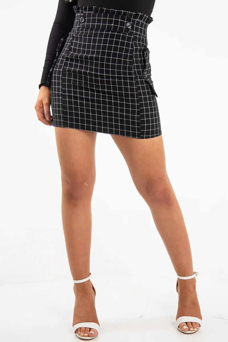 Black White Check Ruffle Waist Zip Front Skirt - Izzie