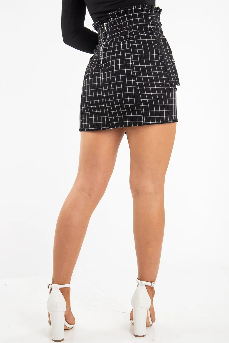 Black White Check Ruffle Waist Zip Front Skirt - Izzie