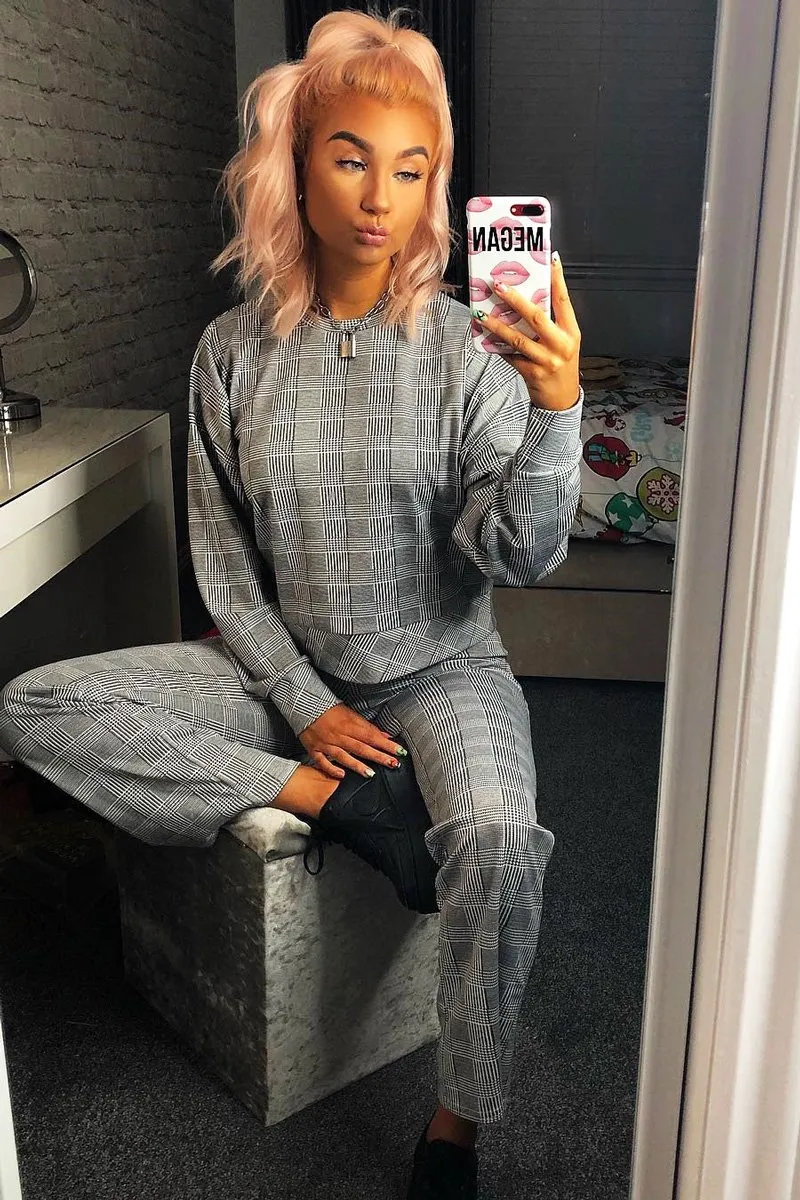 Black White Check Sweatshirt Tracksuit - Kailey