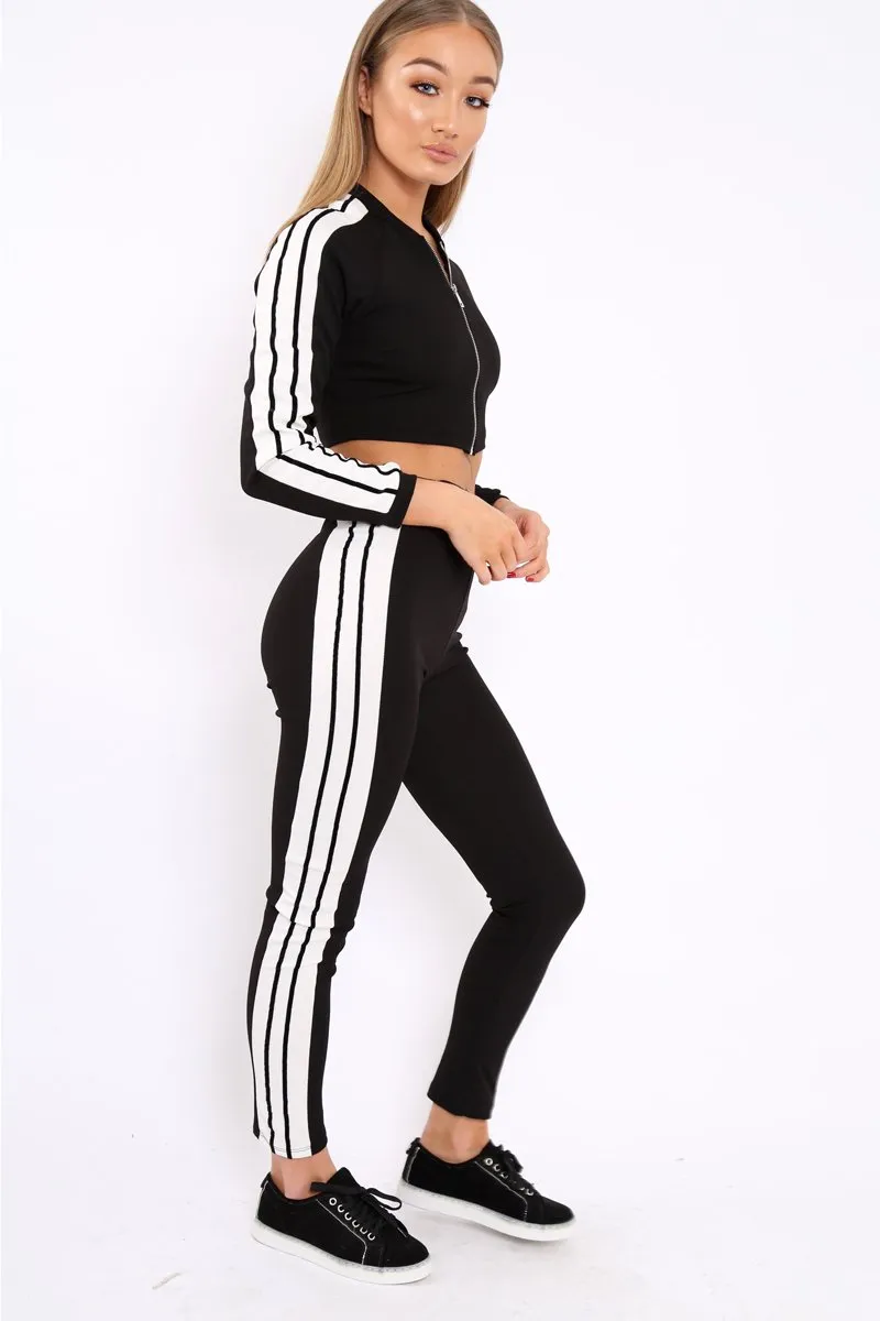 Black Zip Front Tracksuit with White Side Stripes - Kitty