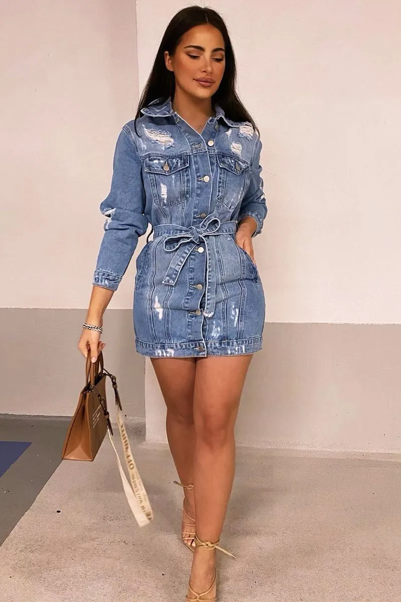 Blue Distressed Belted Denim Shirt Dress - Whitney