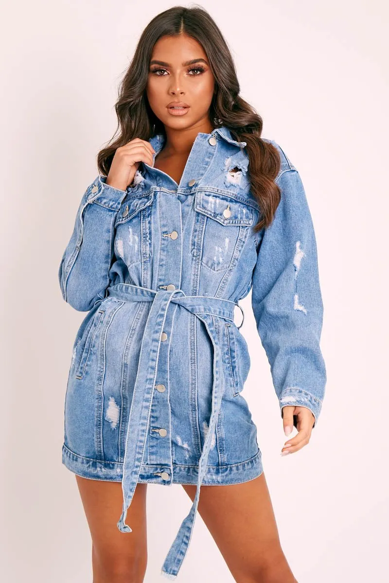 Blue Distressed Belted Denim Shirt Dress - Whitney