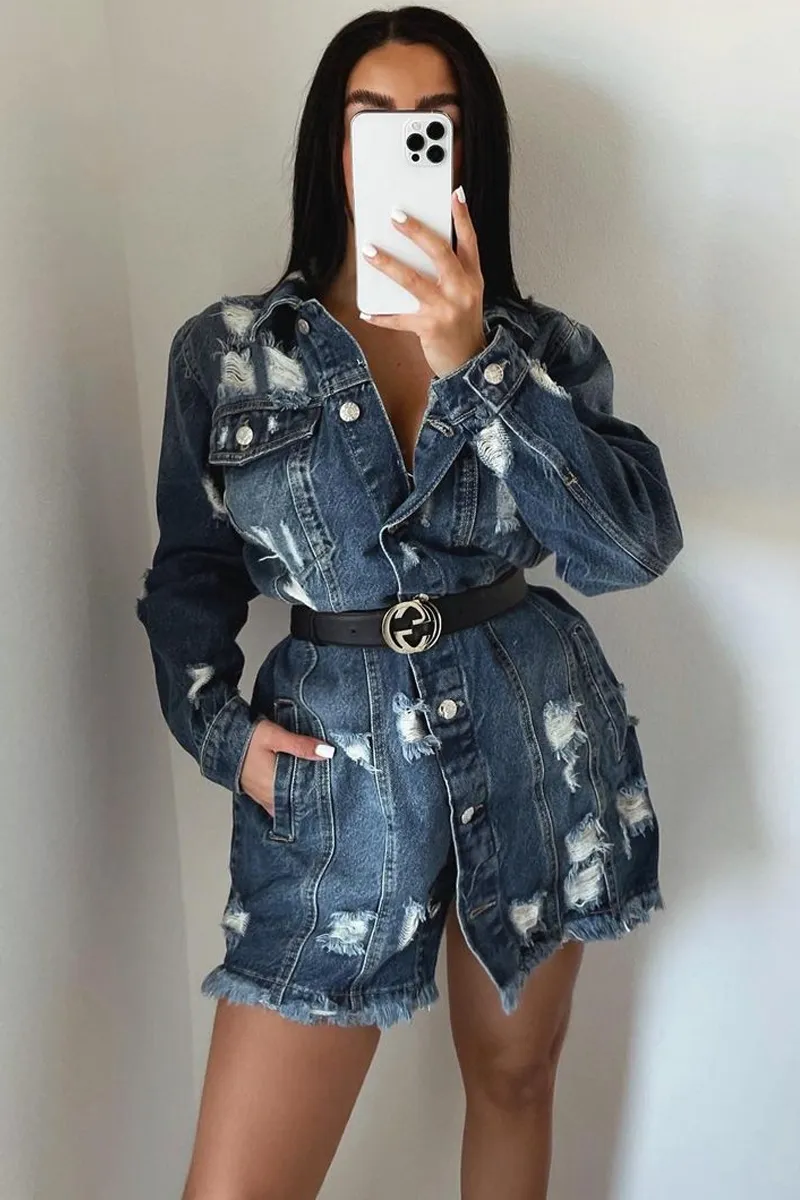 Blue Washed Distressed Denim Shirt Dress - Chloey