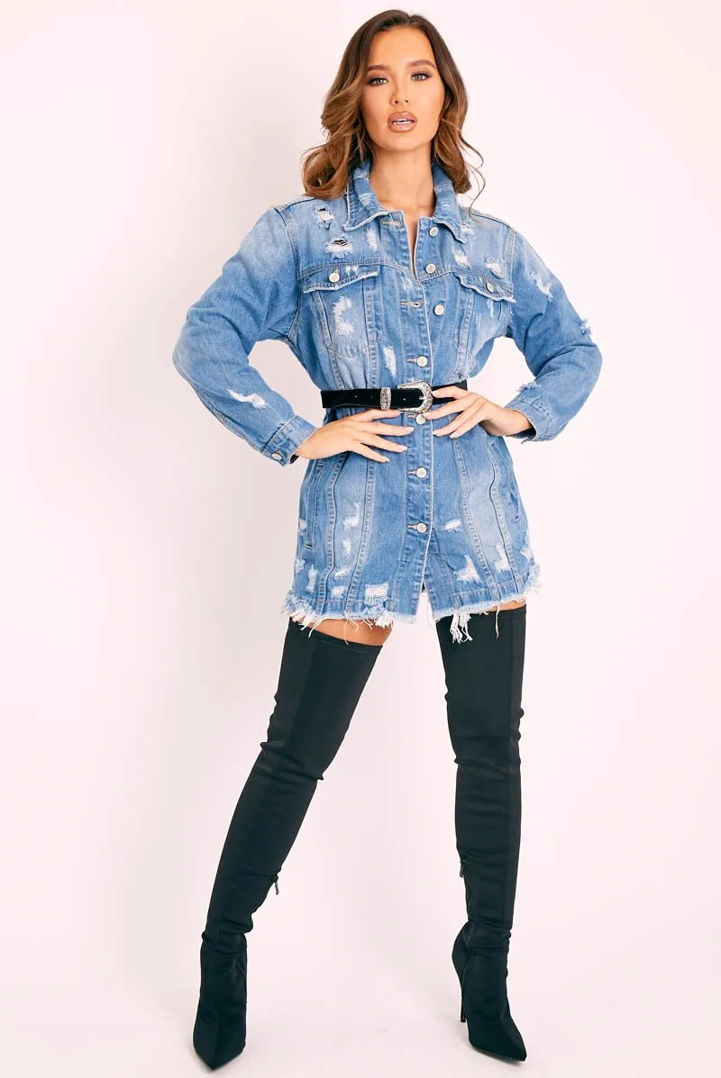 Blue Washed Distressed Denim Shirt Dress - Chloey