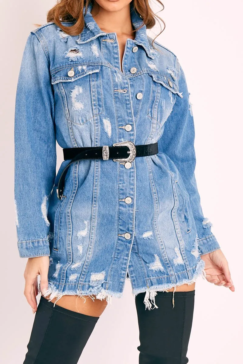 Blue Washed Distressed Denim Shirt Dress - Chloey