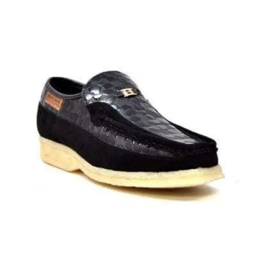 British Walkers Stone Men's Black Pattern Suede Crepe Sole Slip On Shoes