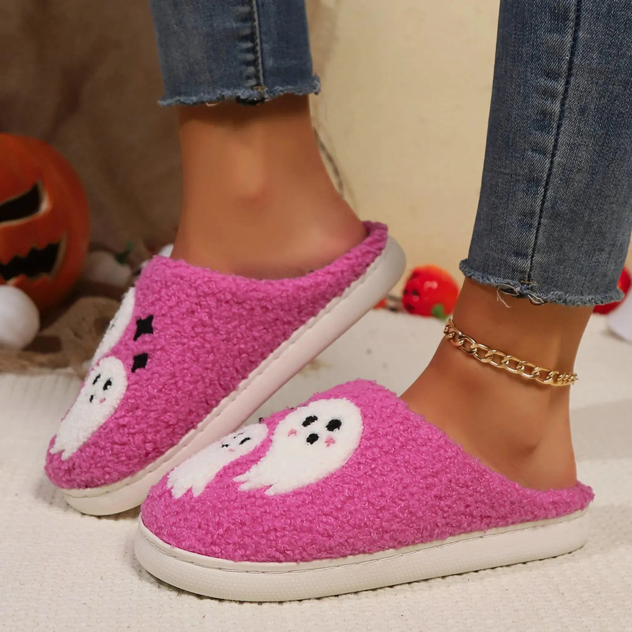 Cartoon Ghost Cotton Slippers – Non-slip Winter Indoor House Shoes for Women