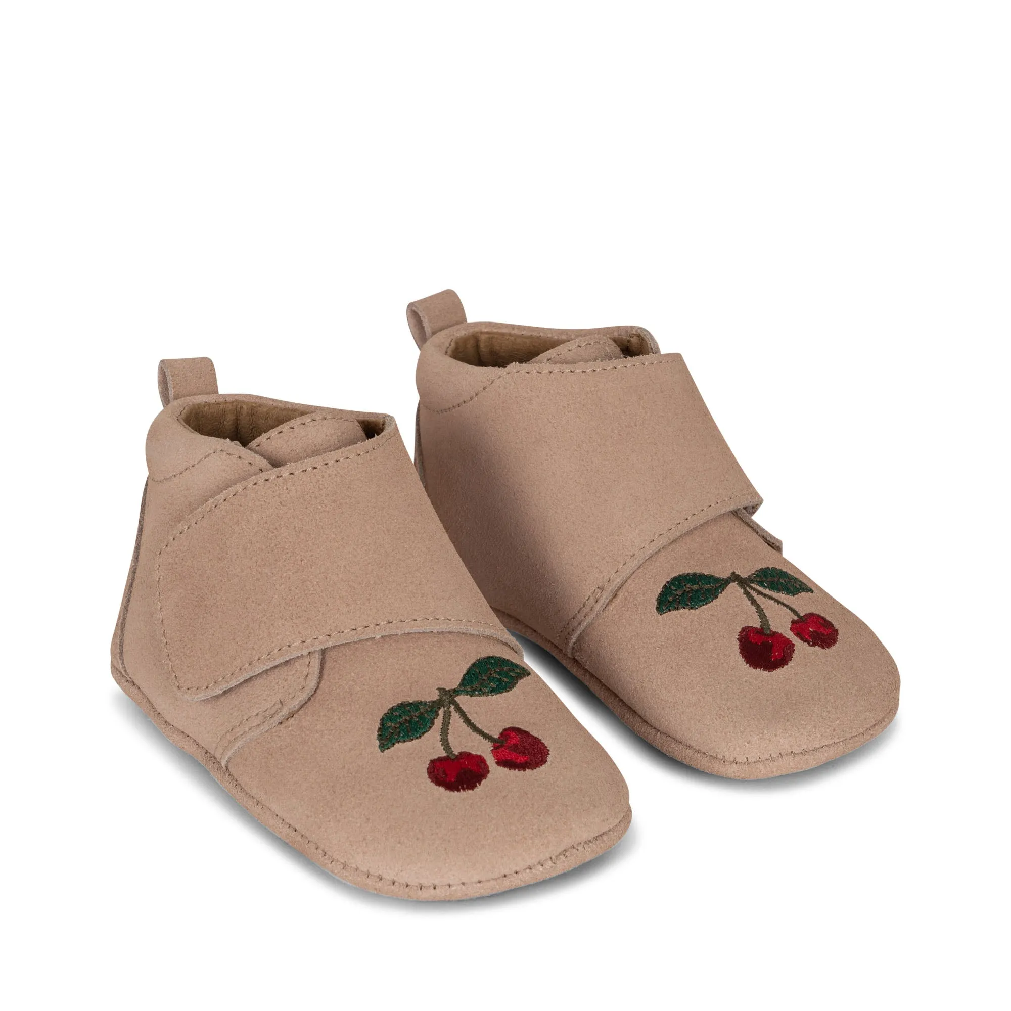 Cherry Embroidered Suede Baby Booties (Dusty Pink)