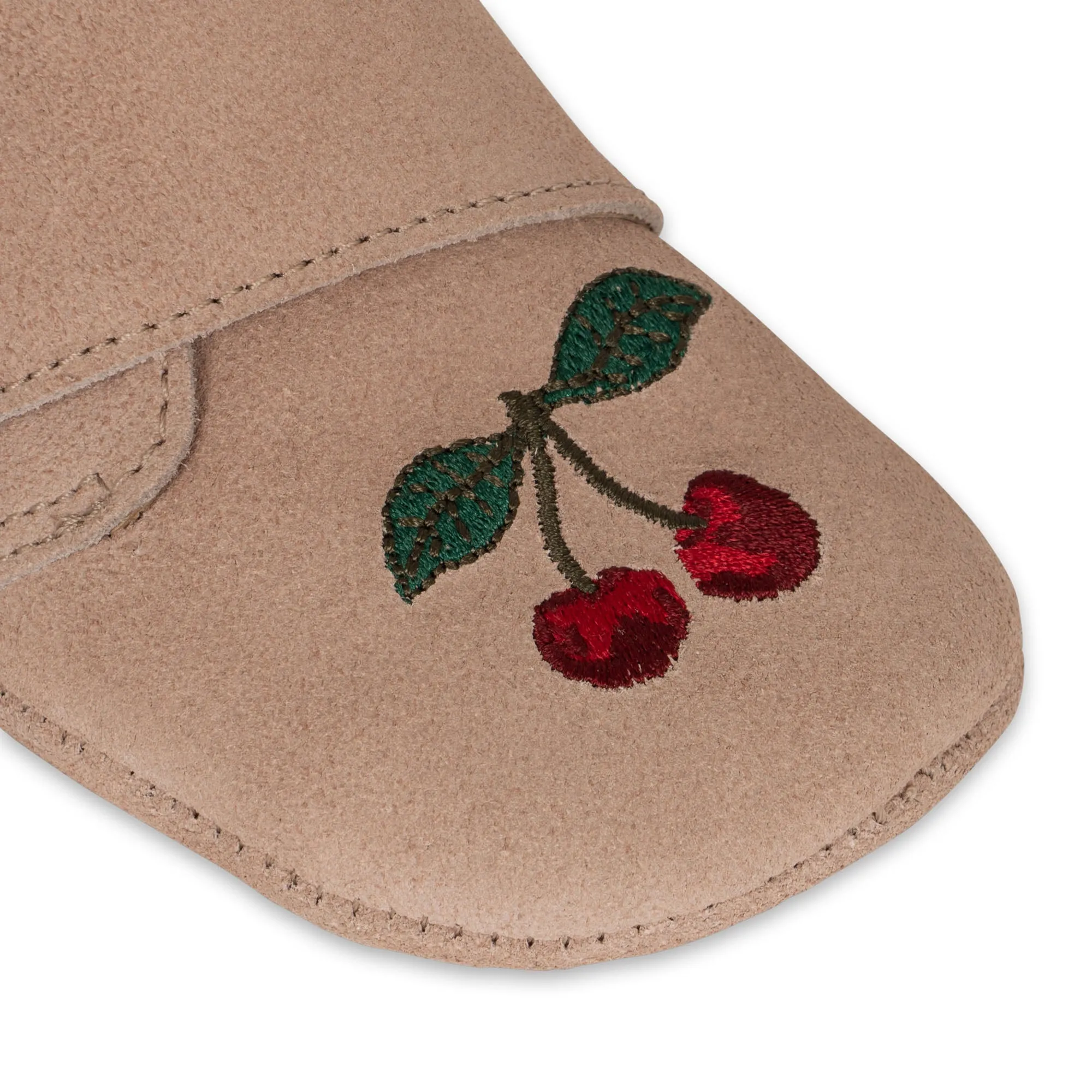 Cherry Embroidered Suede Baby Booties (Dusty Pink)