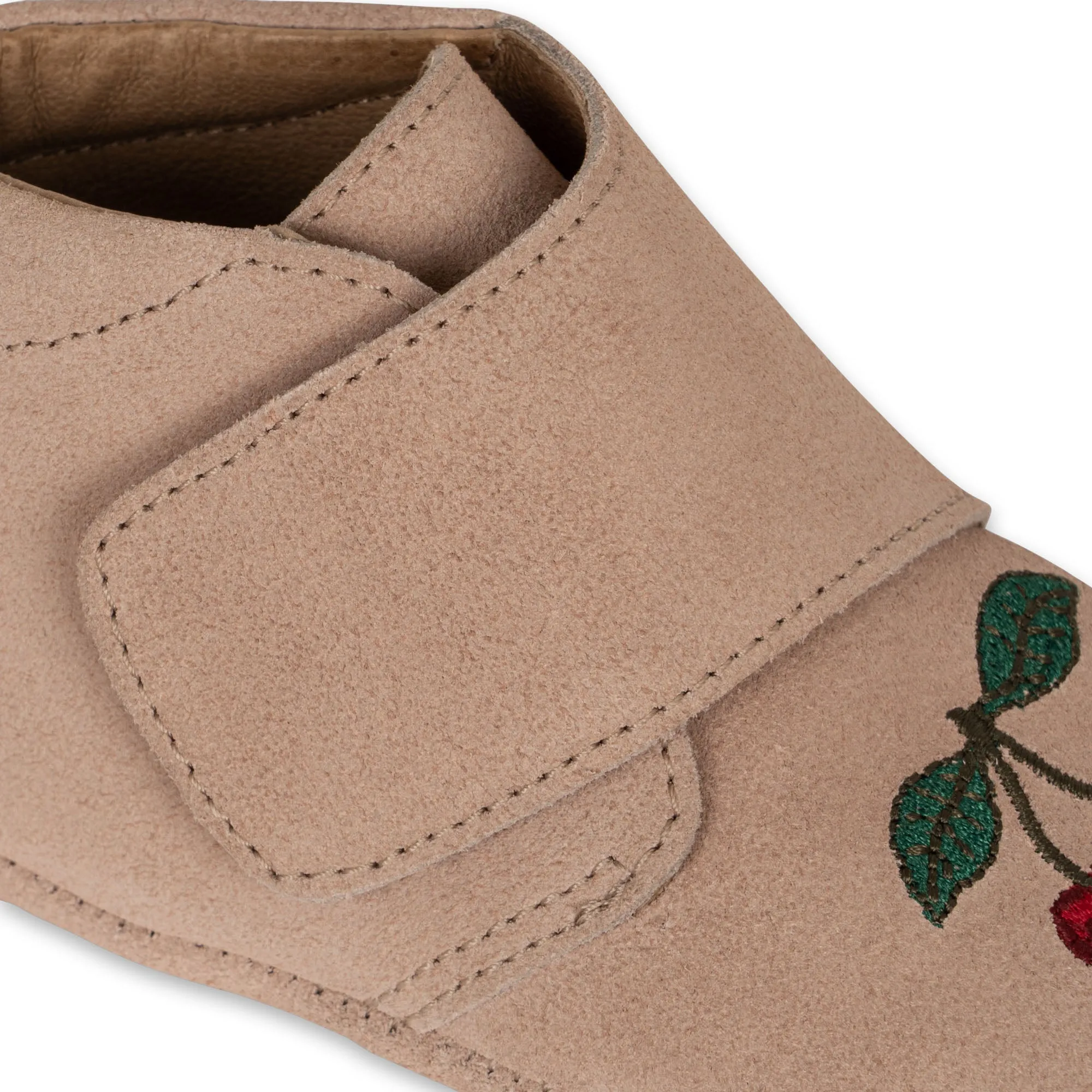 Cherry Embroidered Suede Baby Booties (Dusty Pink)