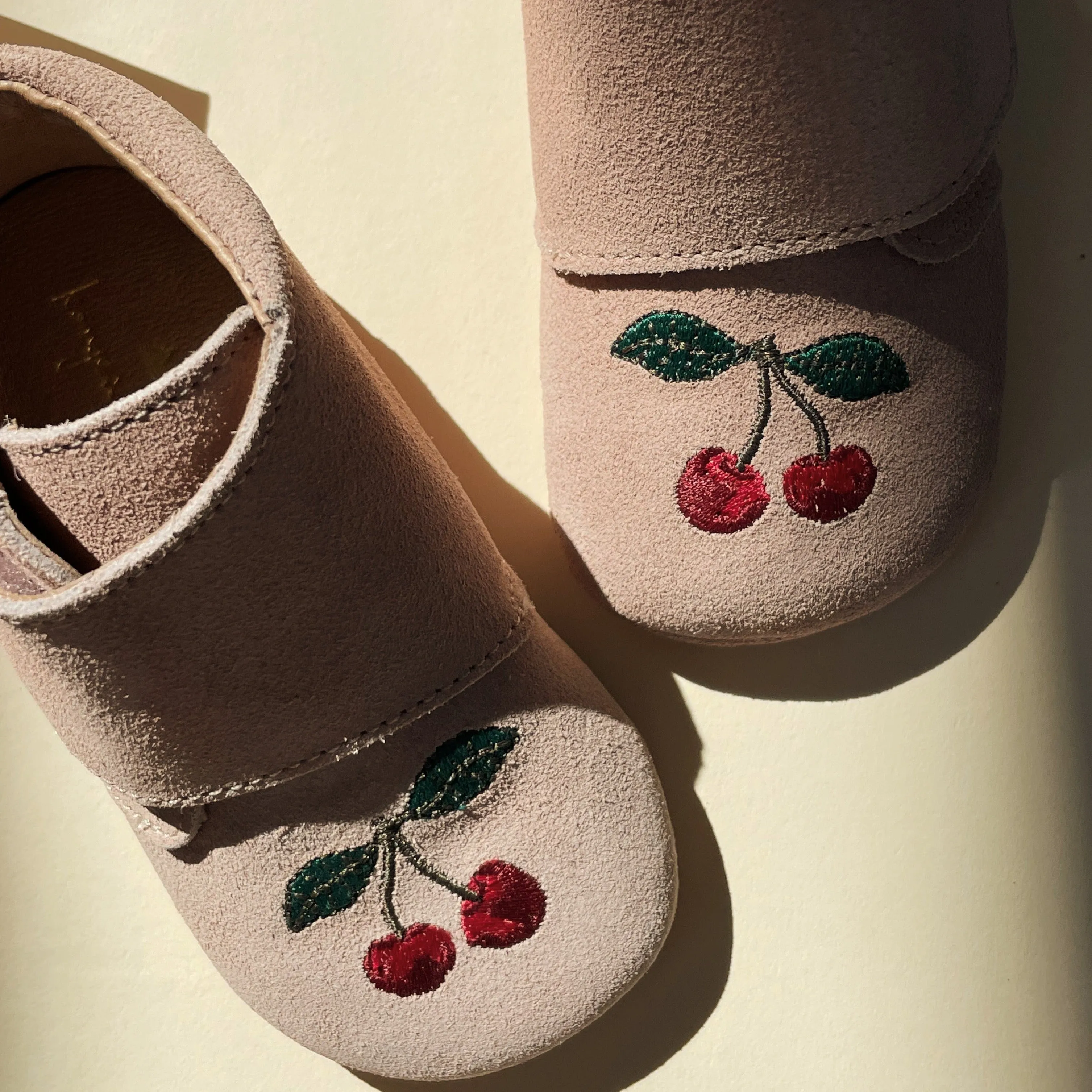 Cherry Embroidered Suede Baby Booties (Dusty Pink)