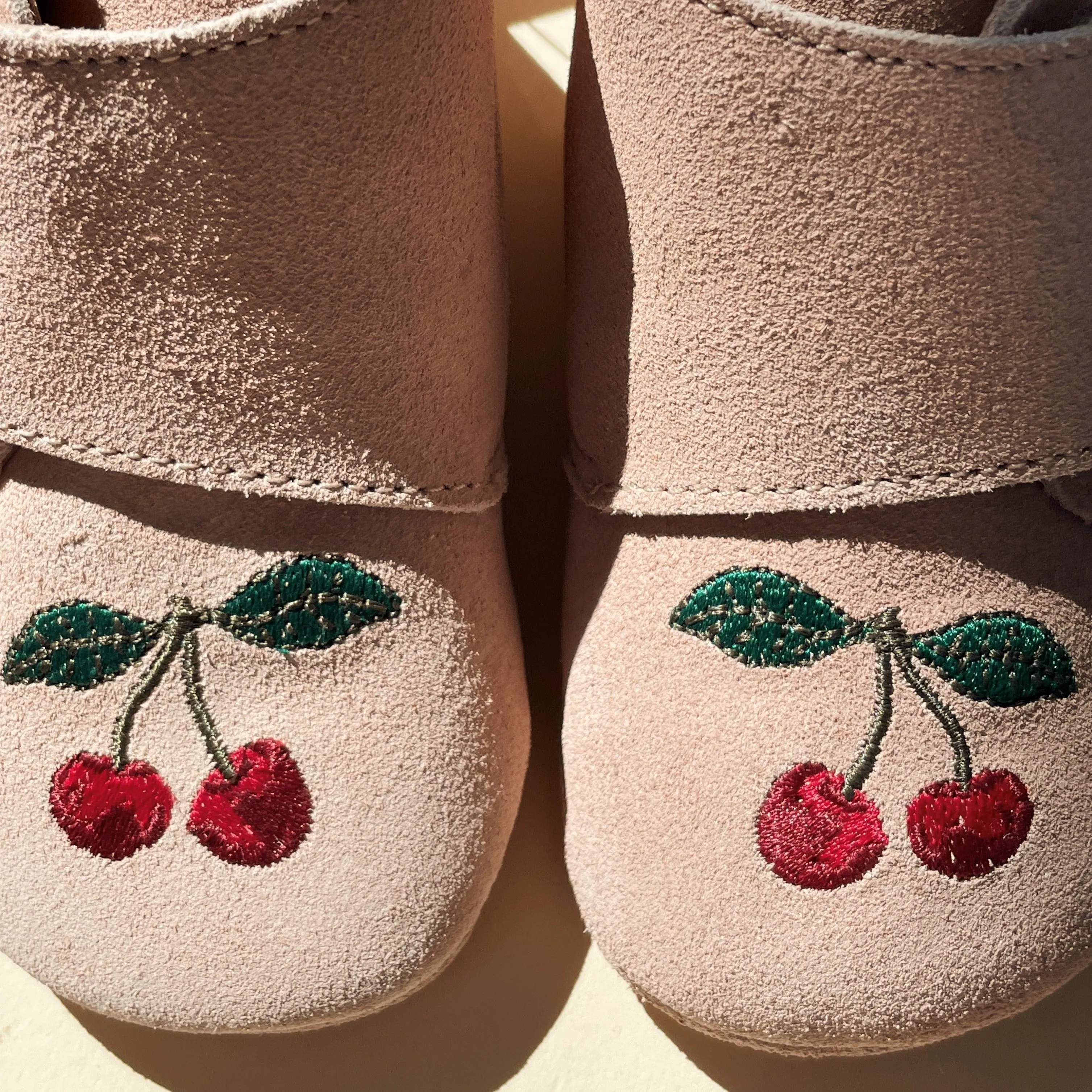 Cherry Embroidered Suede Baby Booties (Dusty Pink)