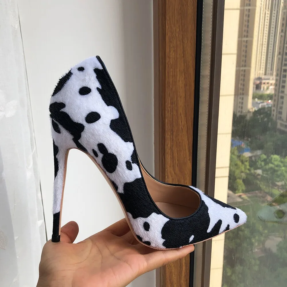 Cow Print Hairy Flock Stiletto Pumps in White