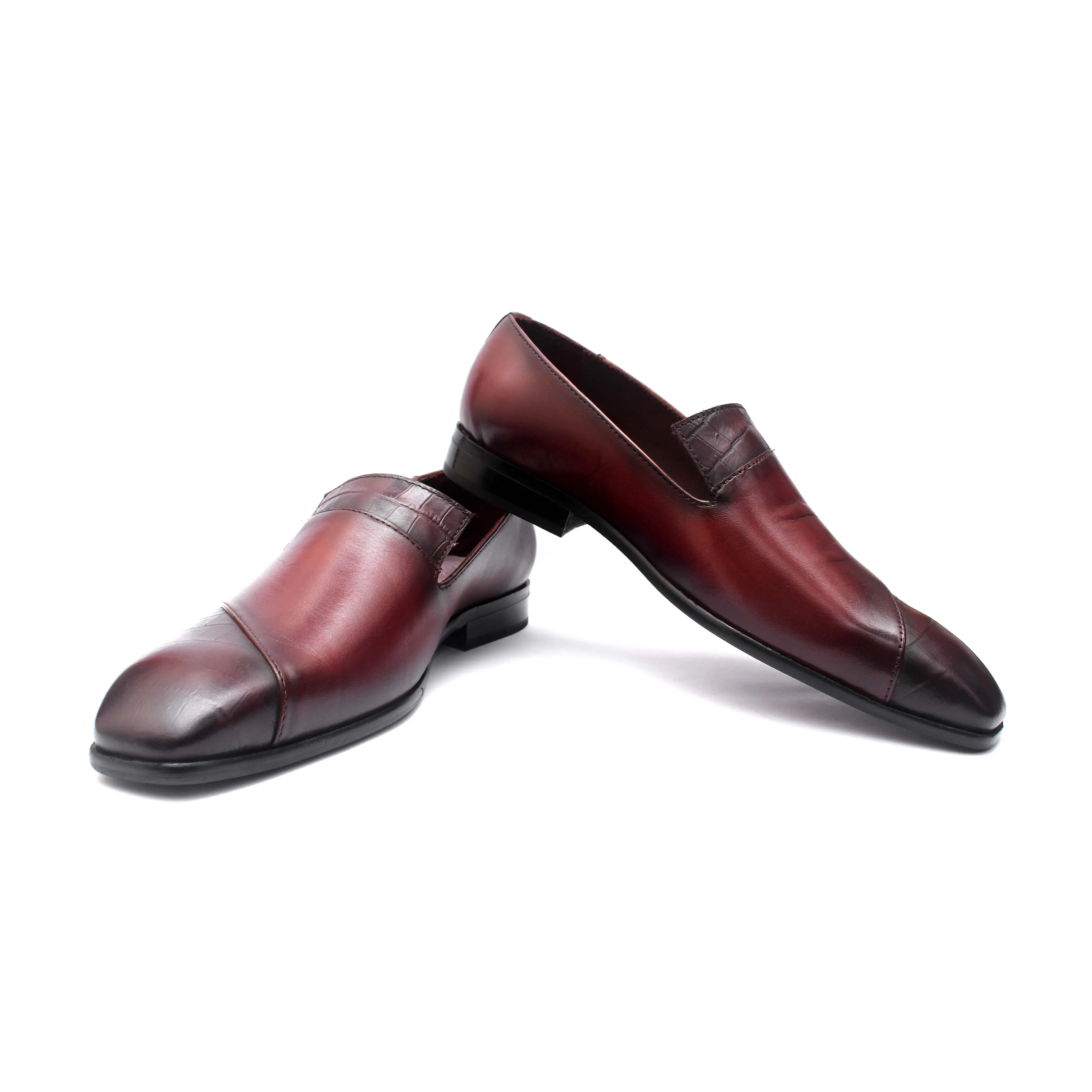 Croco Textured Loafers - Wine