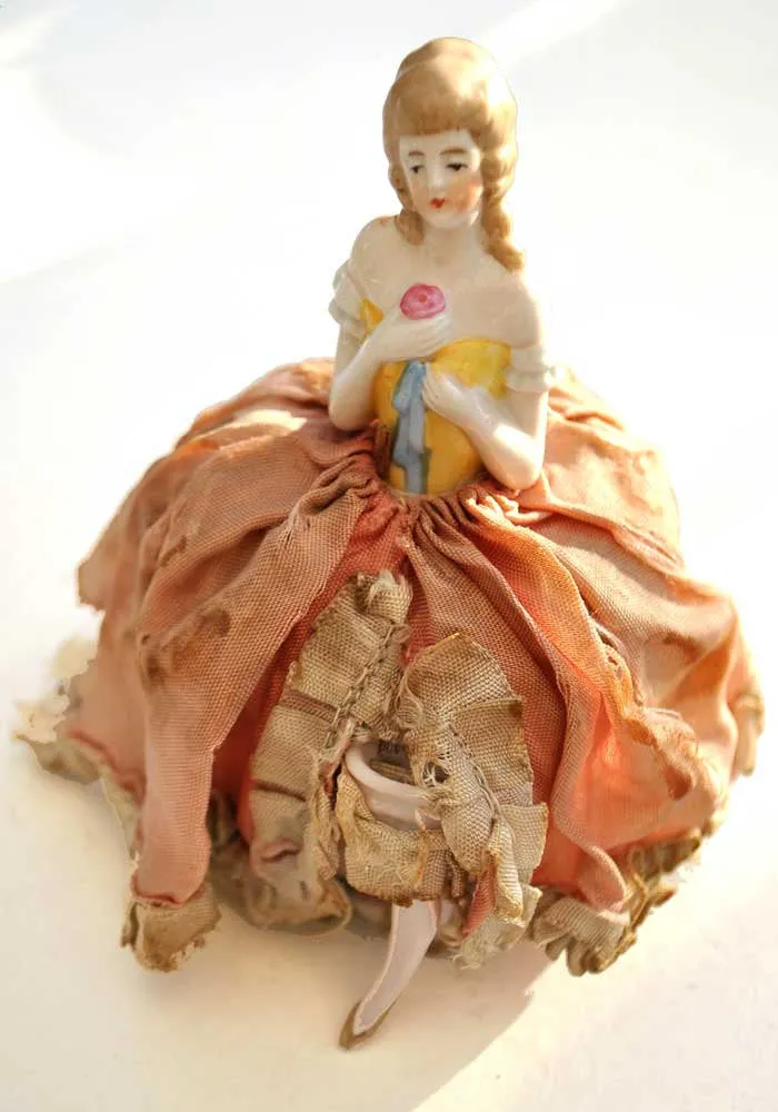 Deco Vintage Schneider Porcelain Half Doll Pin Cushion • Eighteenth Century Figurine • Georgian Lady