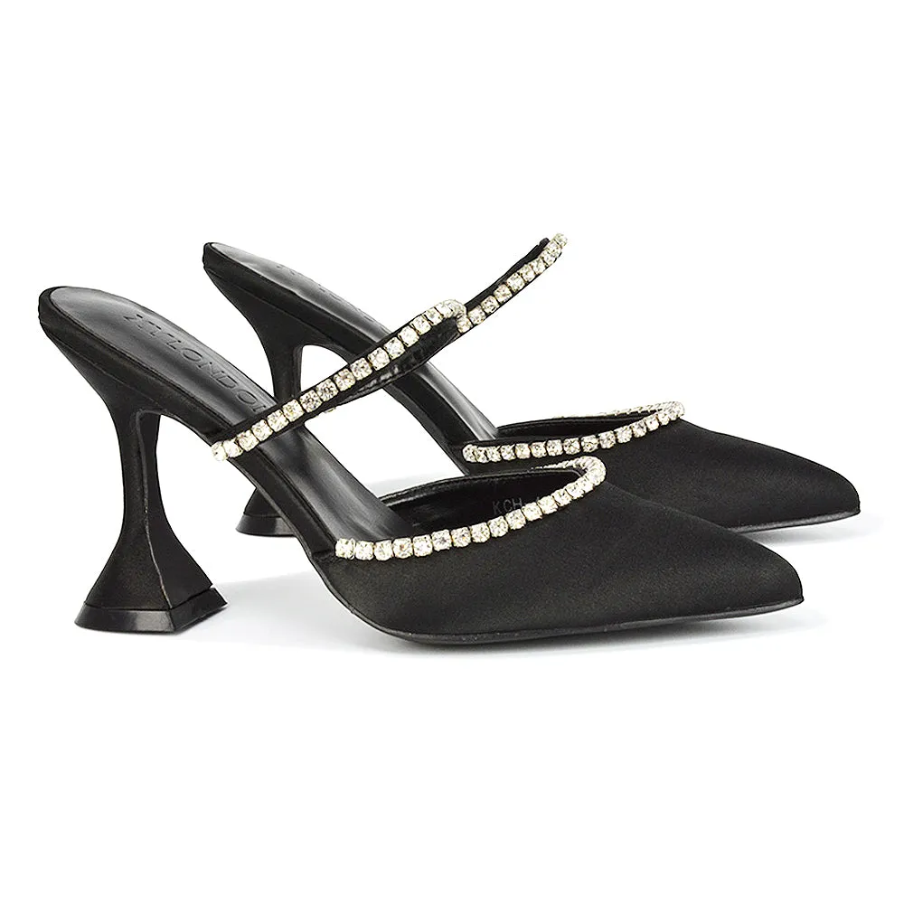 Deena Pointed Toe Diamante Flared High Heel Court Shoe Mule in Black Satin