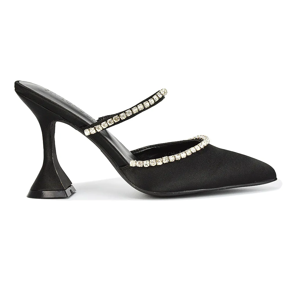 Deena Pointed Toe Diamante Flared High Heel Court Shoe Mule in Black Satin