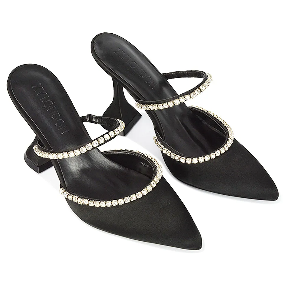 Deena Pointed Toe Diamante Flared High Heel Court Shoe Mule in Black Satin