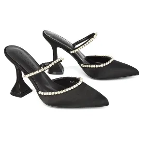 Deena Pointed Toe Diamante Flared High Heel Court Shoe Mule in Black Satin