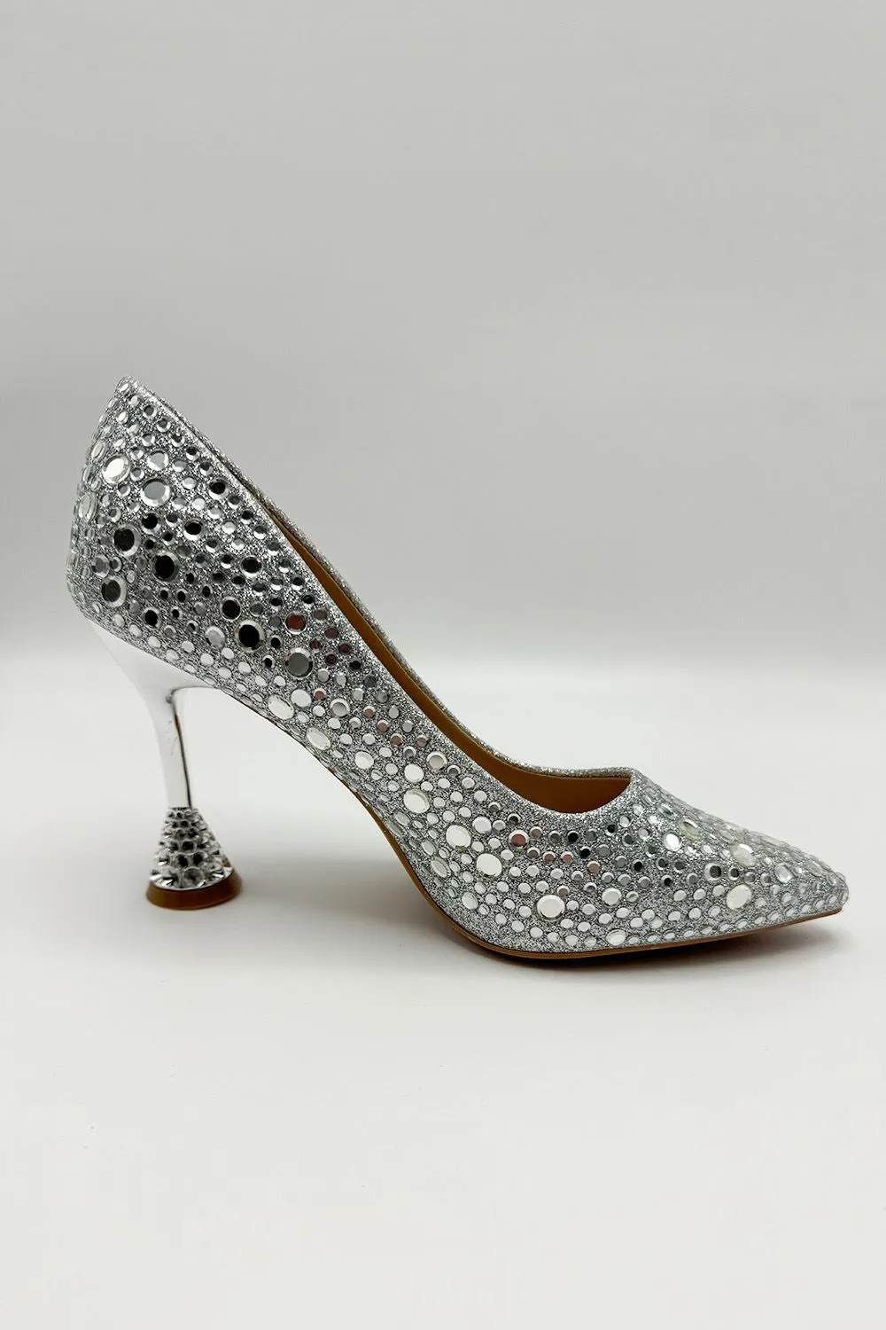 Elara Diamante Court Shoes Spool Heels in Silver