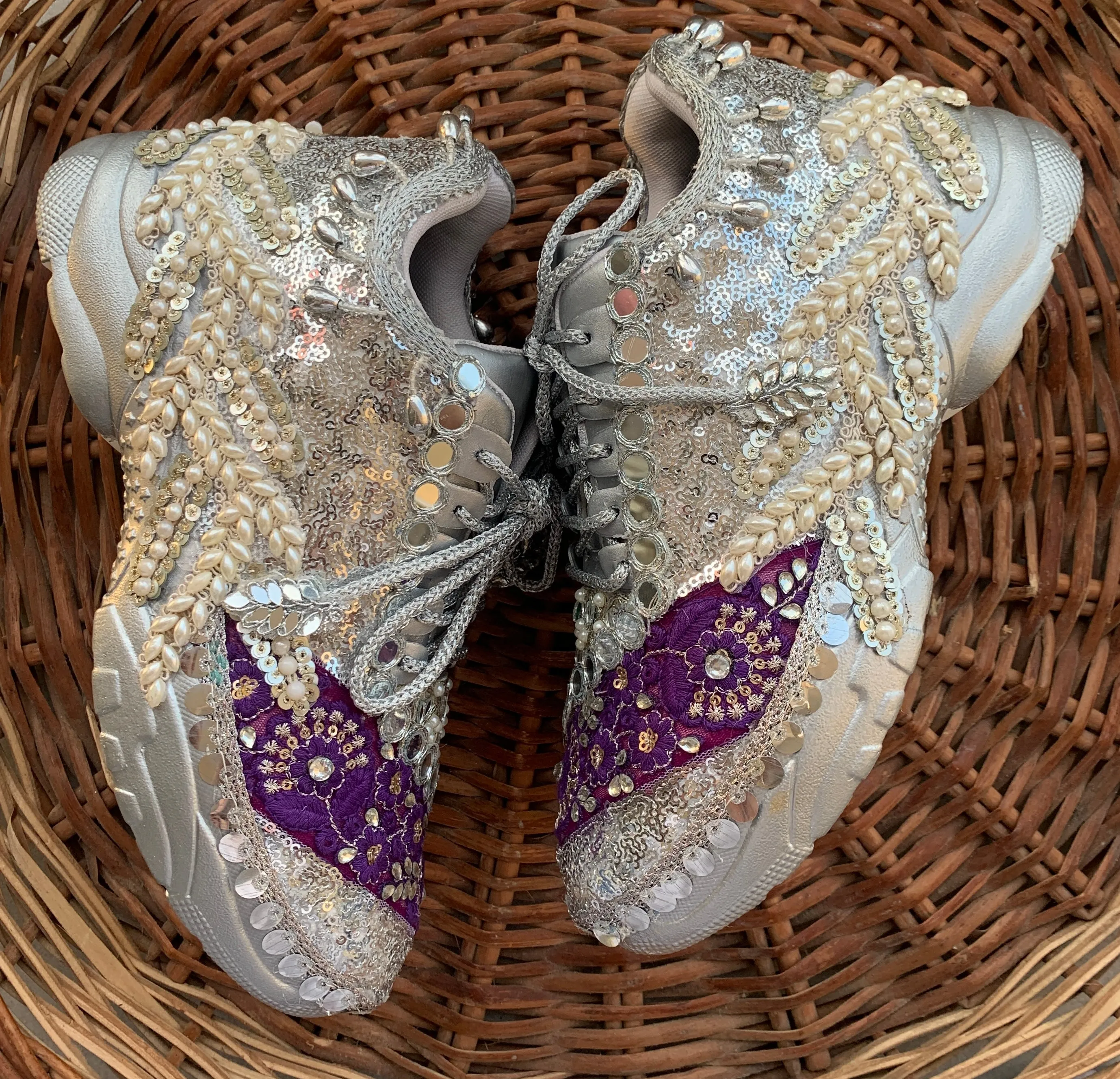 FUNKY N TRENDY eggplant & Silver color hand work sneakers for brides / bridesmaids/ silver sneakers / dark purple sneakers / eggplant color shoes