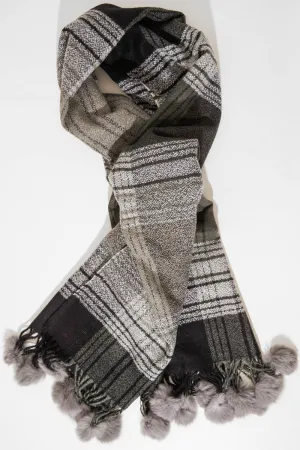 Grey Black Tartan Pom-Pom Scarf - Aayat