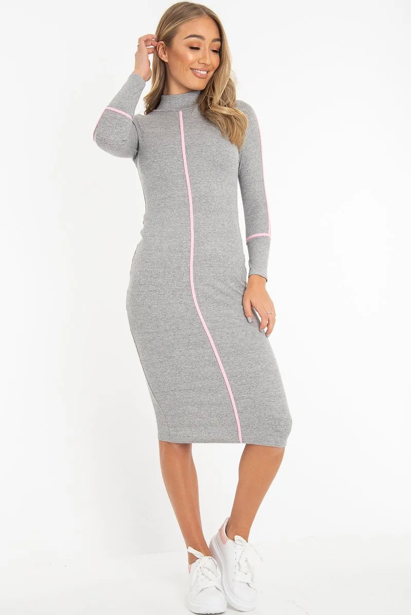 Grey Contrast Stripe Detail High Neck Midi Dress - Niana