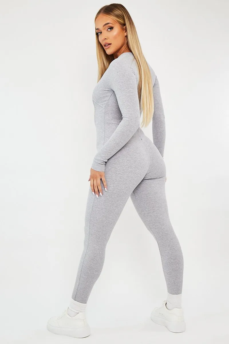 Grey Ribbed Corset Seam Long Sleeve Jumpsuit - Poppy